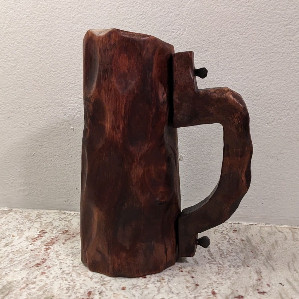 Primitive Hand Carved Wooden Stein Dark Mug Pegged Handle Fred Flintstone VTG